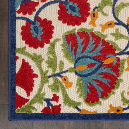 5' Red And Ivory Round Floral Indoor Outdoor Area Rug
