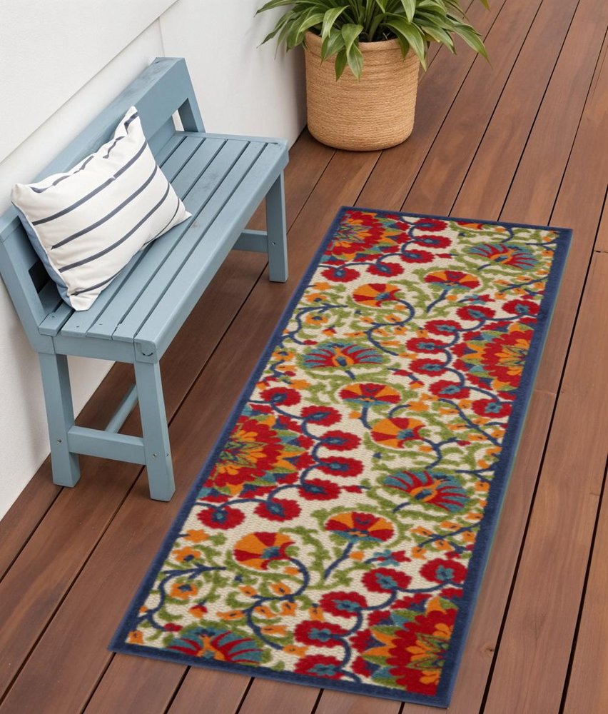 5' Red And Ivory Round Floral Indoor Outdoor Area Rug