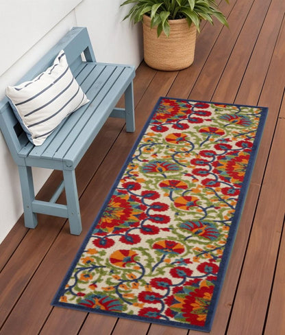 10' Red And Ivory Floral Indoor Outdoor Area Rug