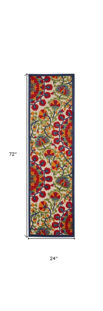 5' Red And Ivory Round Floral Indoor Outdoor Area Rug