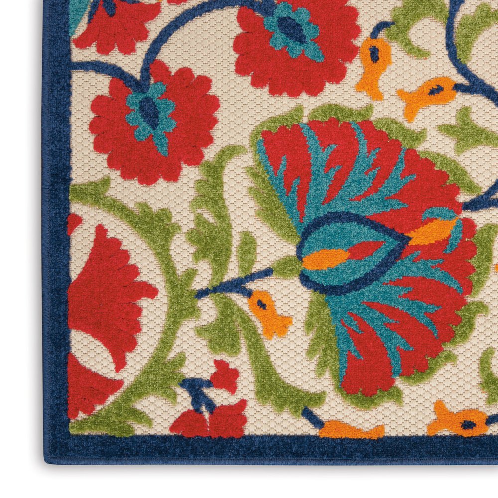 5' Red And Ivory Round Floral Indoor Outdoor Area Rug