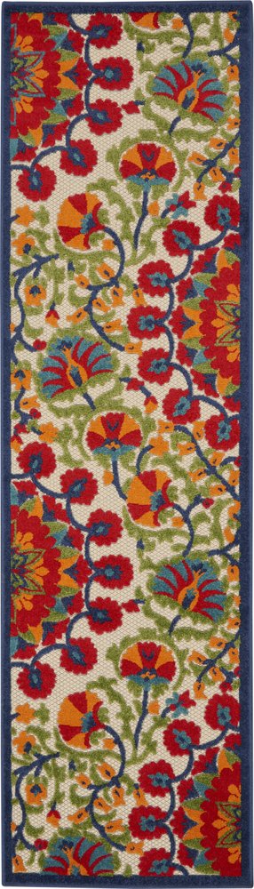 5' Red And Ivory Round Floral Indoor Outdoor Area Rug