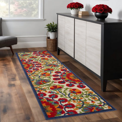 6' X 9' Red And Ivory Floral Indoor Outdoor Area Rug