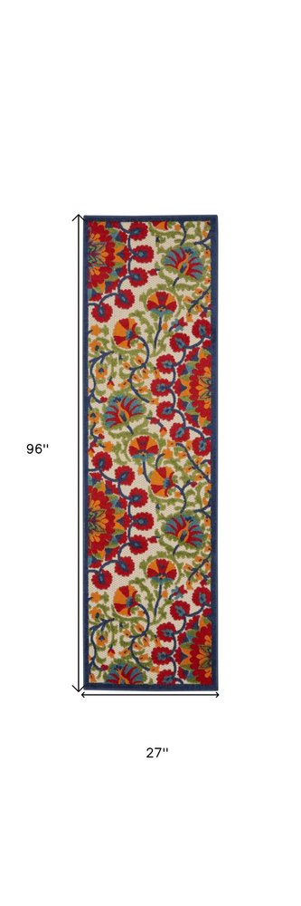 5' Red And Ivory Round Floral Indoor Outdoor Area Rug