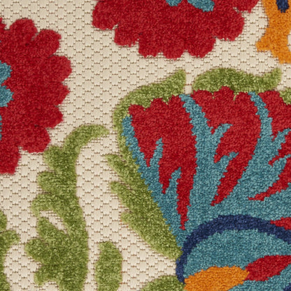 5' Red And Ivory Round Floral Indoor Outdoor Area Rug