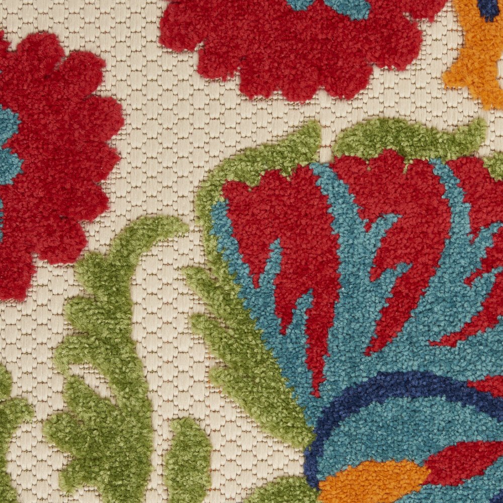 5' Red And Ivory Round Floral Indoor Outdoor Area Rug