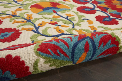 5' Red And Ivory Round Floral Indoor Outdoor Area Rug