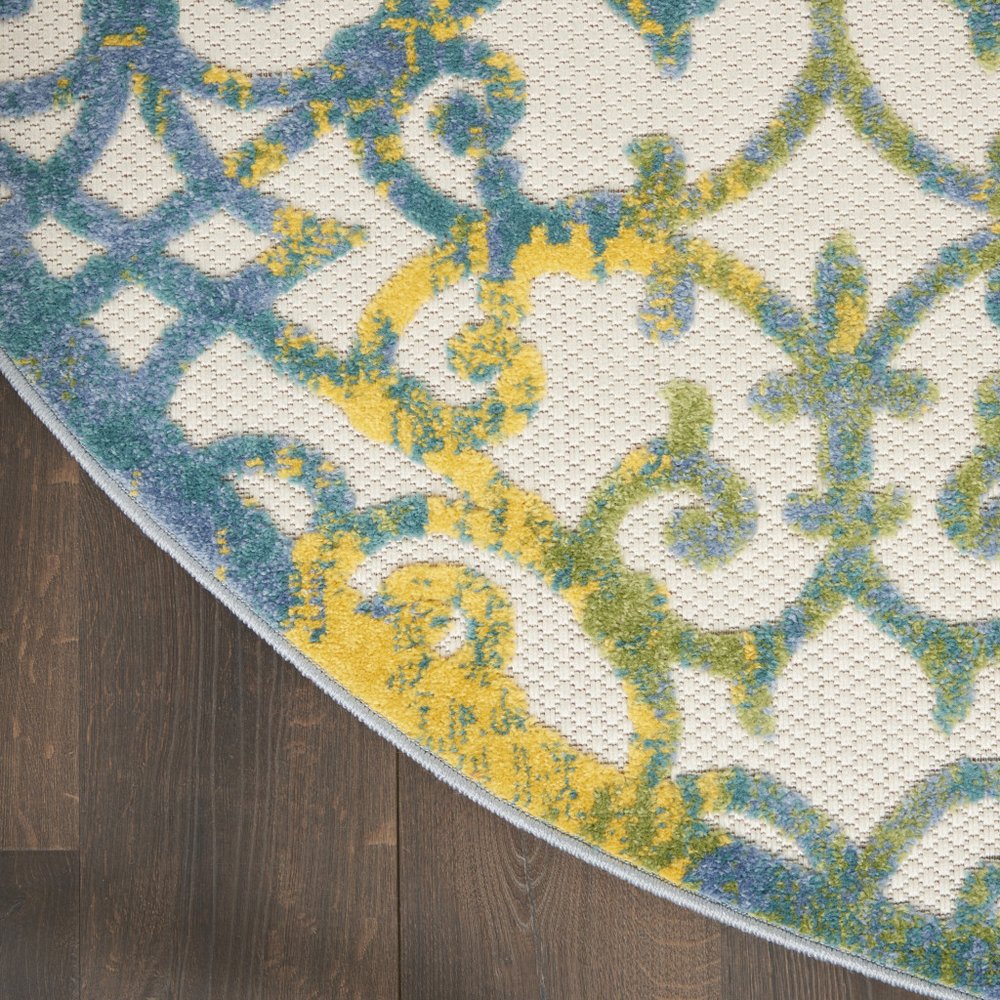 4' Ivory And Blue Round Indoor Outdoor Area Rug