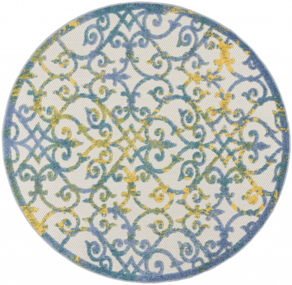 4' Ivory And Blue Round Indoor Outdoor Area Rug
