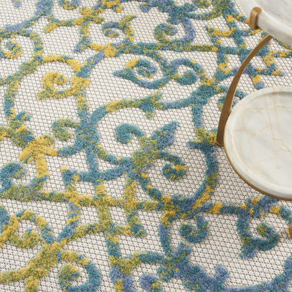 4' Ivory And Blue Round Indoor Outdoor Area Rug