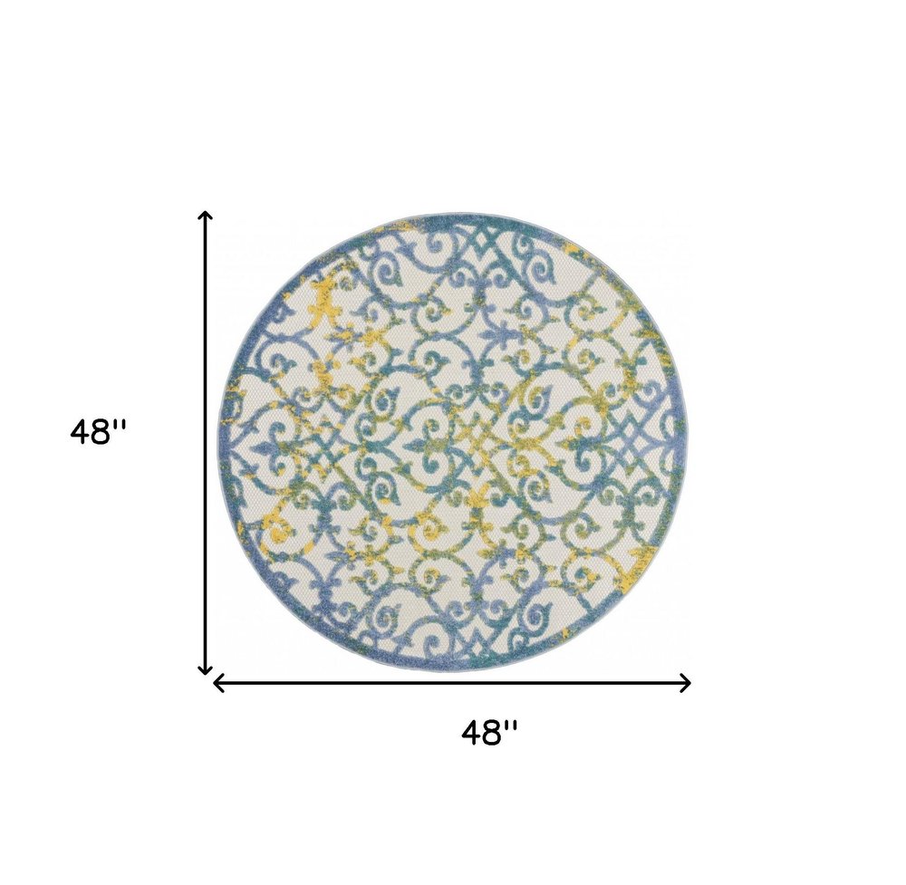 4' Ivory And Blue Round Indoor Outdoor Area Rug