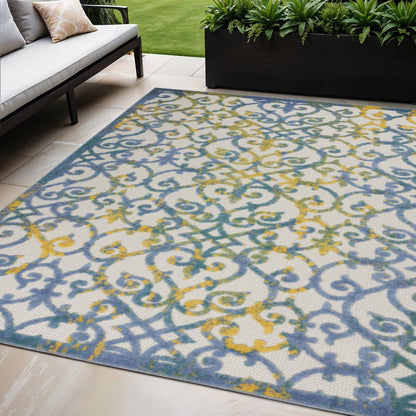 4' Ivory And Blue Round Indoor Outdoor Area Rug