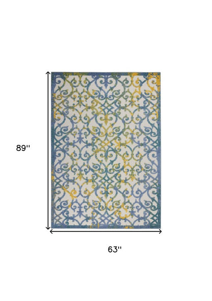4' Ivory And Blue Round Indoor Outdoor Area Rug
