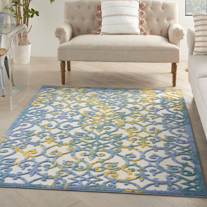 4' Ivory And Blue Round Indoor Outdoor Area Rug