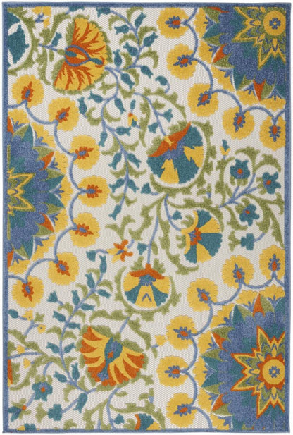 4' Ivory And Blue Round Floral Indoor Outdoor Area Rug