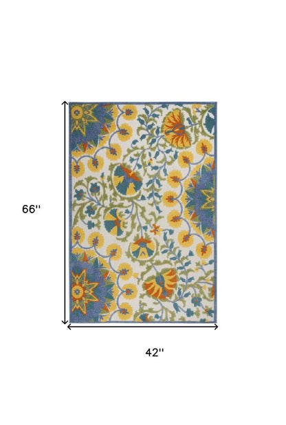 4' Ivory And Blue Round Floral Indoor Outdoor Area Rug