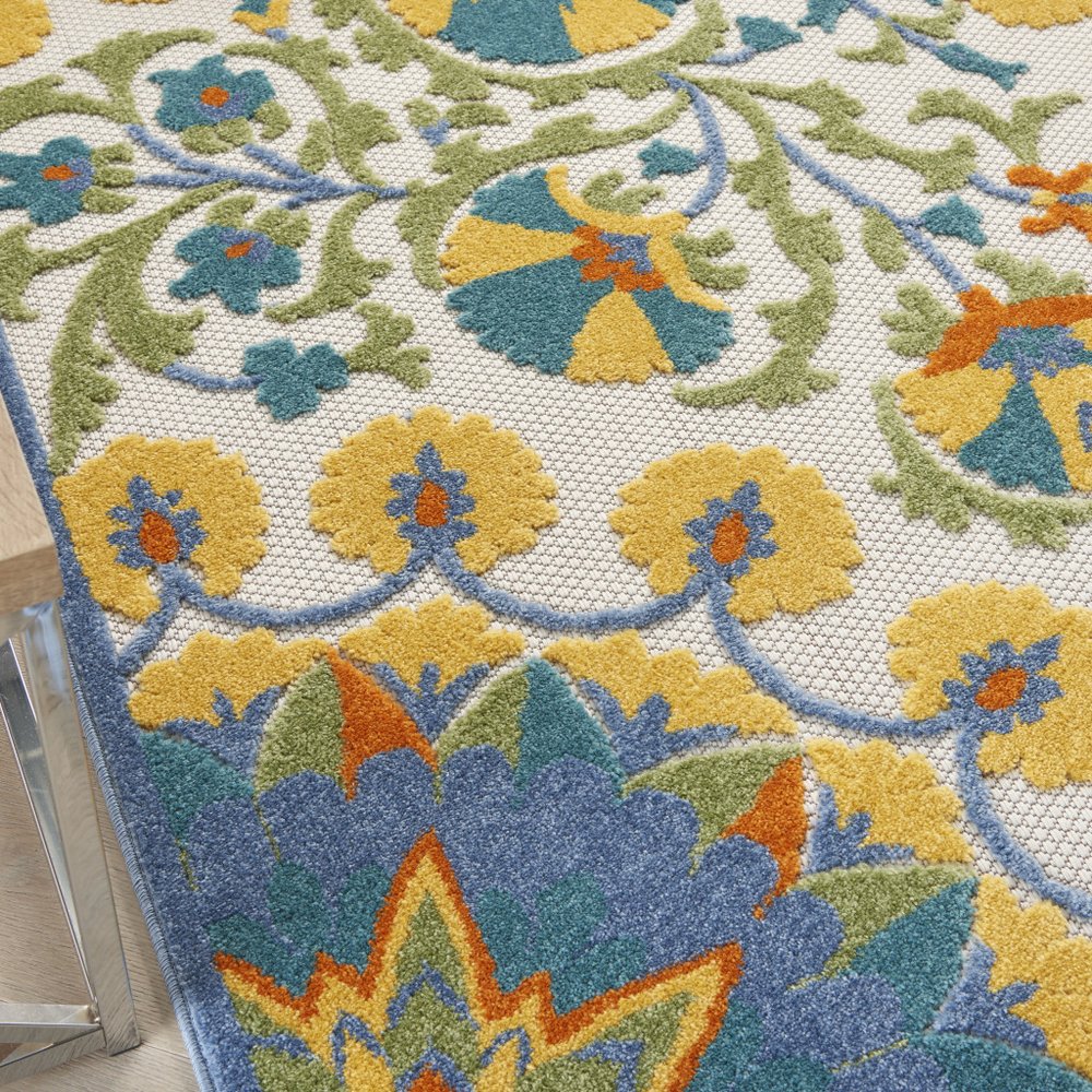 8' X 11' Ivory And Blue Floral Indoor Outdoor Area Rug