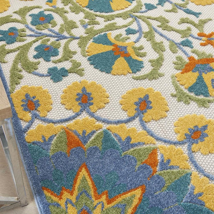 4' Ivory And Blue Round Floral Indoor Outdoor Area Rug