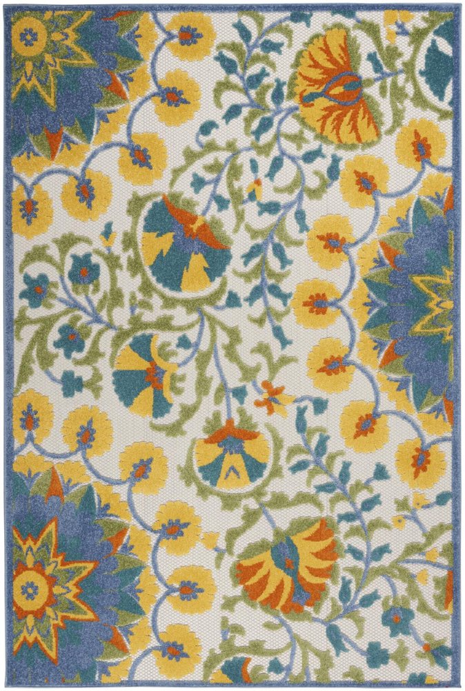 4' Ivory And Blue Round Floral Indoor Outdoor Area Rug