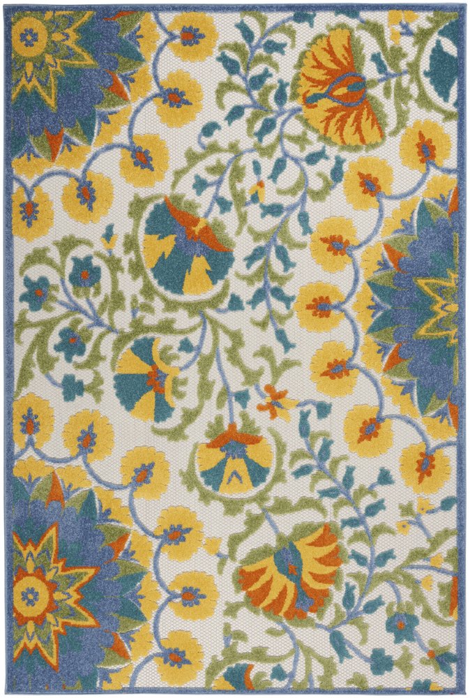 4' X 6' Ivory And Blue Floral Indoor Outdoor Area Rug
