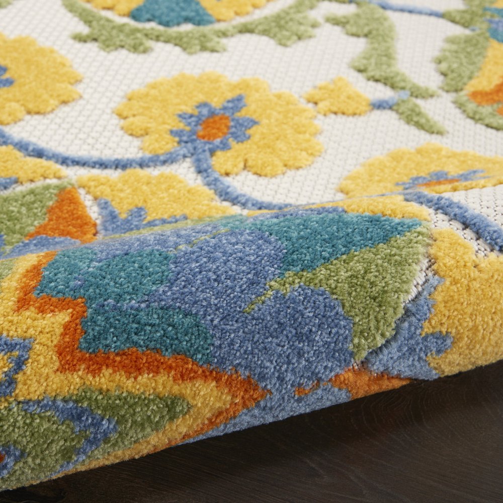 4' Ivory And Blue Round Floral Indoor Outdoor Area Rug