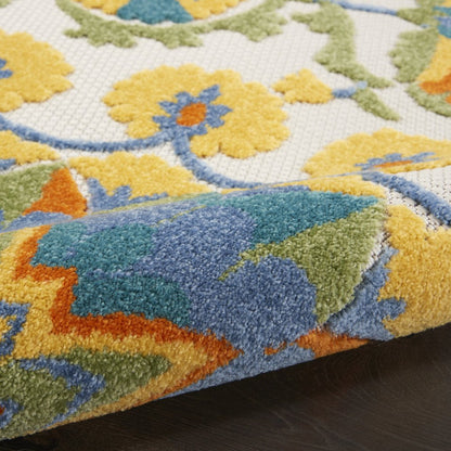 4' Ivory And Blue Round Floral Indoor Outdoor Area Rug