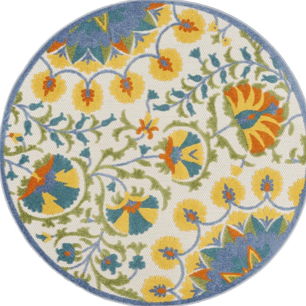 5' X 8' Ivory And Blue Floral Indoor Outdoor Area Rug