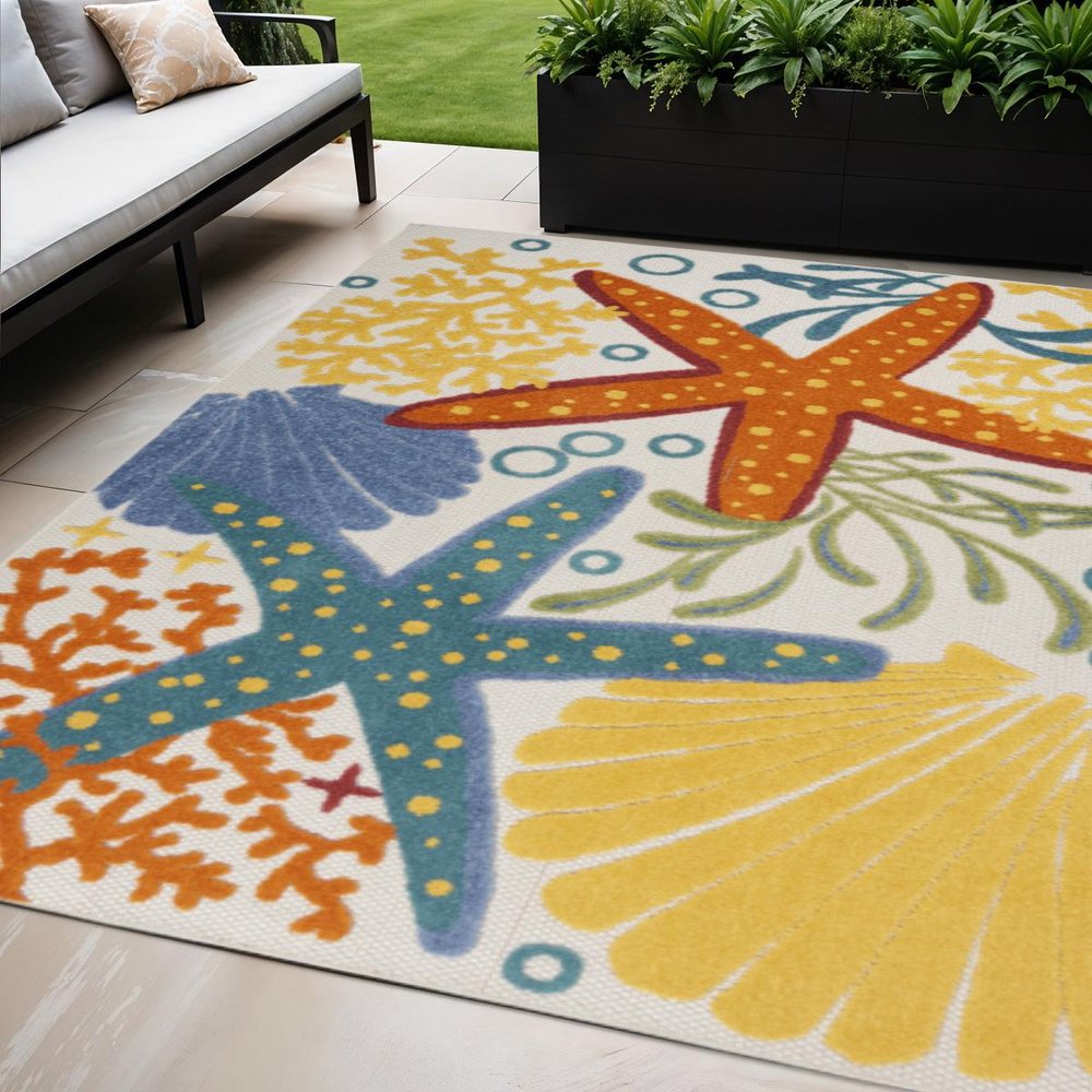6' X 9' Yellow And Ivory Indoor Outdoor Area Rug