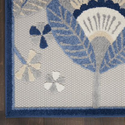 4' Blue Gray And Ivory Round Floral Indoor Outdoor Area Rug