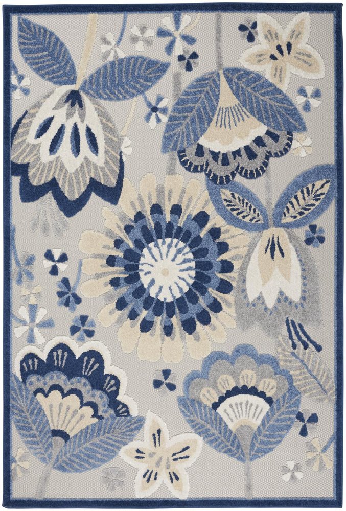 4' Blue Gray And Ivory Round Floral Indoor Outdoor Area Rug