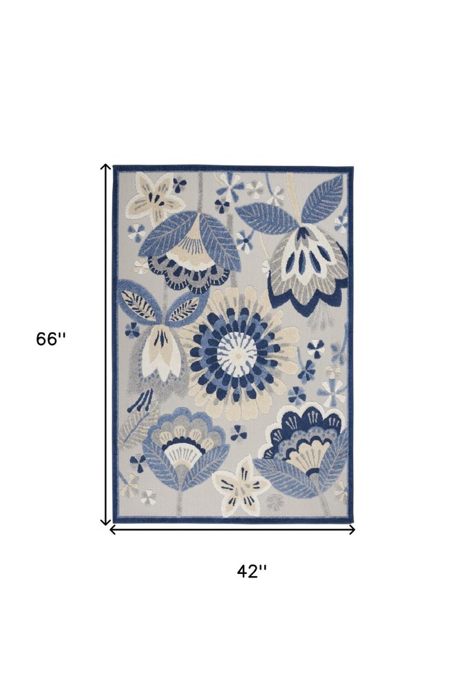 4' Blue Gray And Ivory Round Floral Indoor Outdoor Area Rug