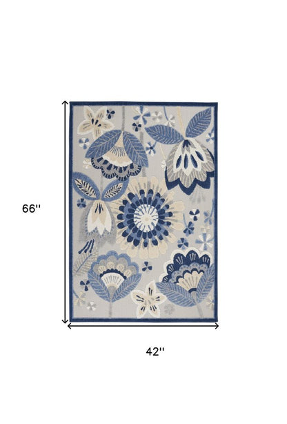 4' Blue Gray And Ivory Round Floral Indoor Outdoor Area Rug