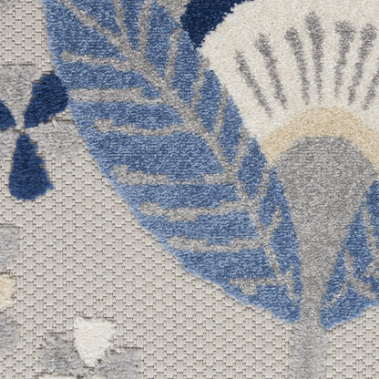4' Blue Gray And Ivory Round Floral Indoor Outdoor Area Rug