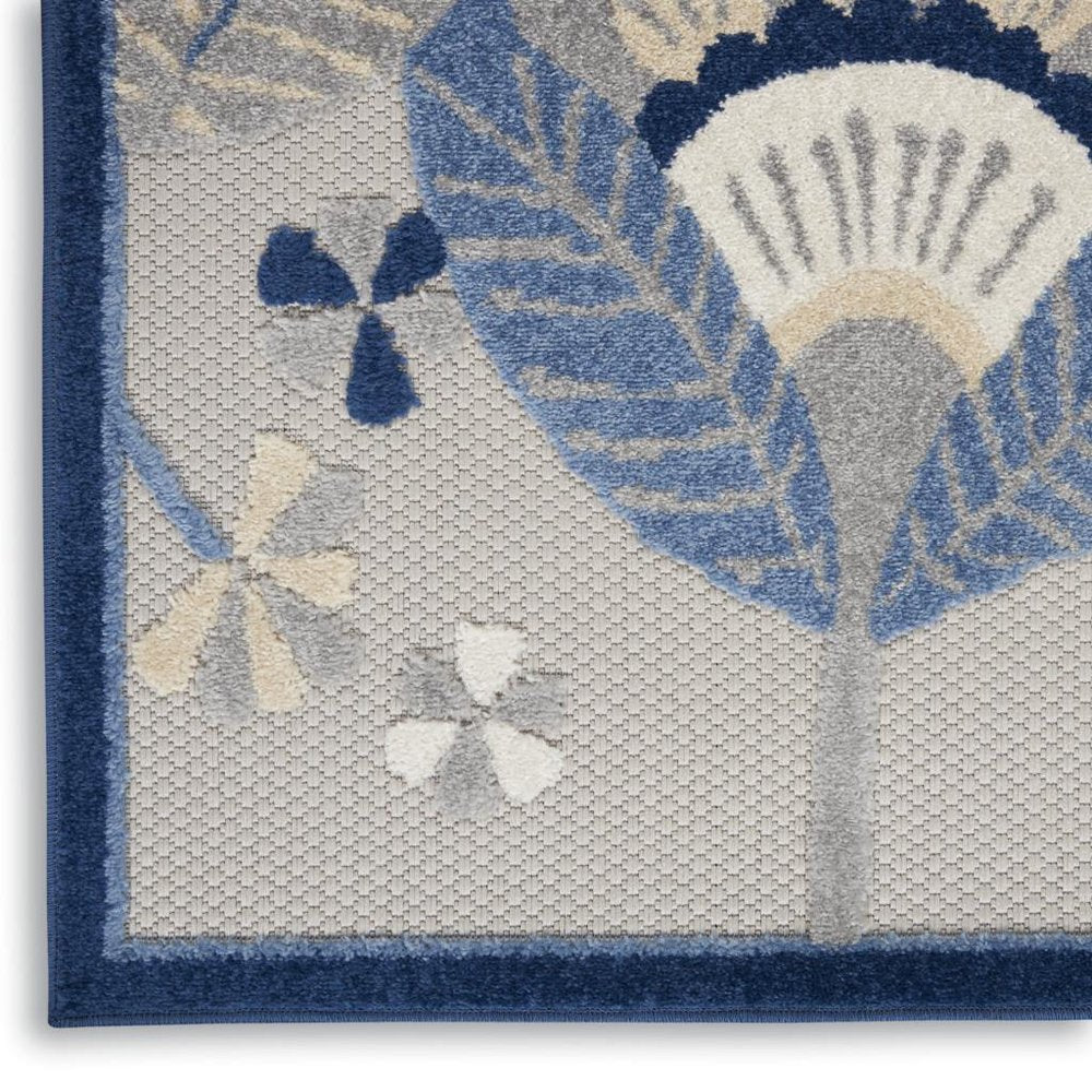 4' Blue Gray And Ivory Round Floral Indoor Outdoor Area Rug