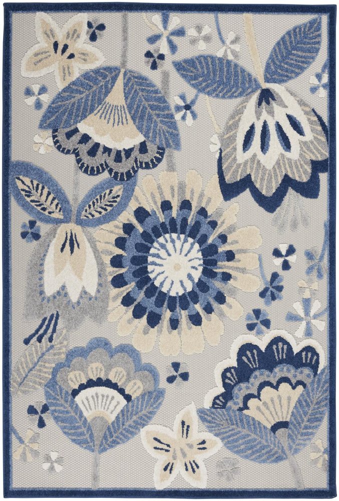4' Blue Gray And Ivory Round Floral Indoor Outdoor Area Rug