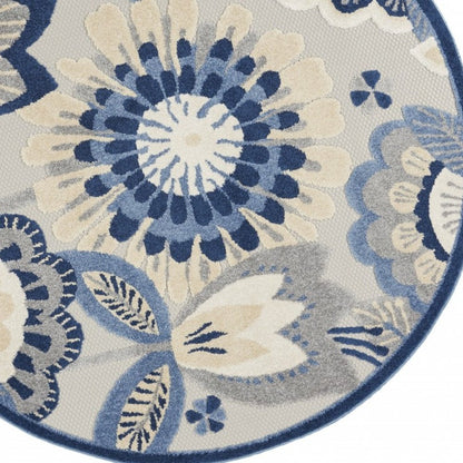 4' Blue Gray And Ivory Round Floral Indoor Outdoor Area Rug