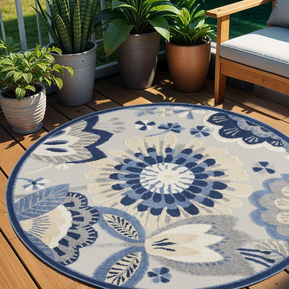 8' Blue And Gray Round Indoor Outdoor Area Rug