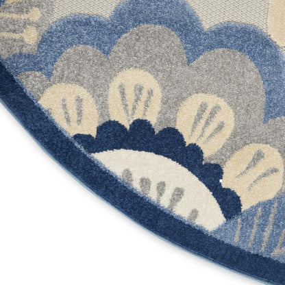 4' Blue Gray And Ivory Round Floral Indoor Outdoor Area Rug