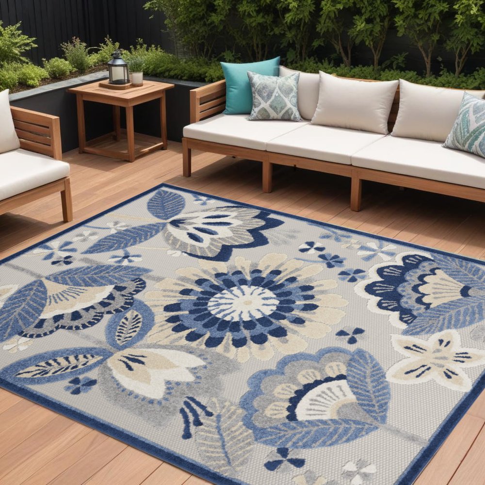 4' X 6' Blue And Gray Indoor Outdoor Area Rug