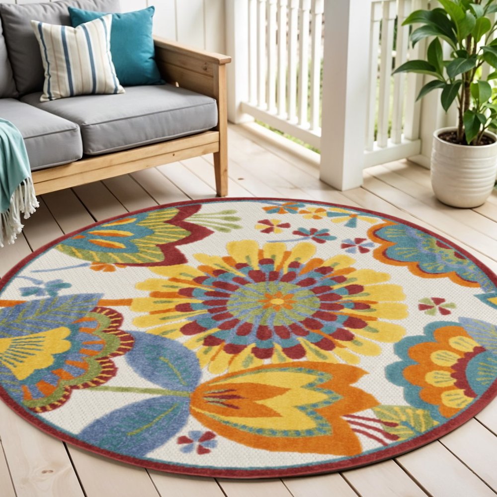 4' Yellow And Ivory Round Indoor Outdoor Area Rug