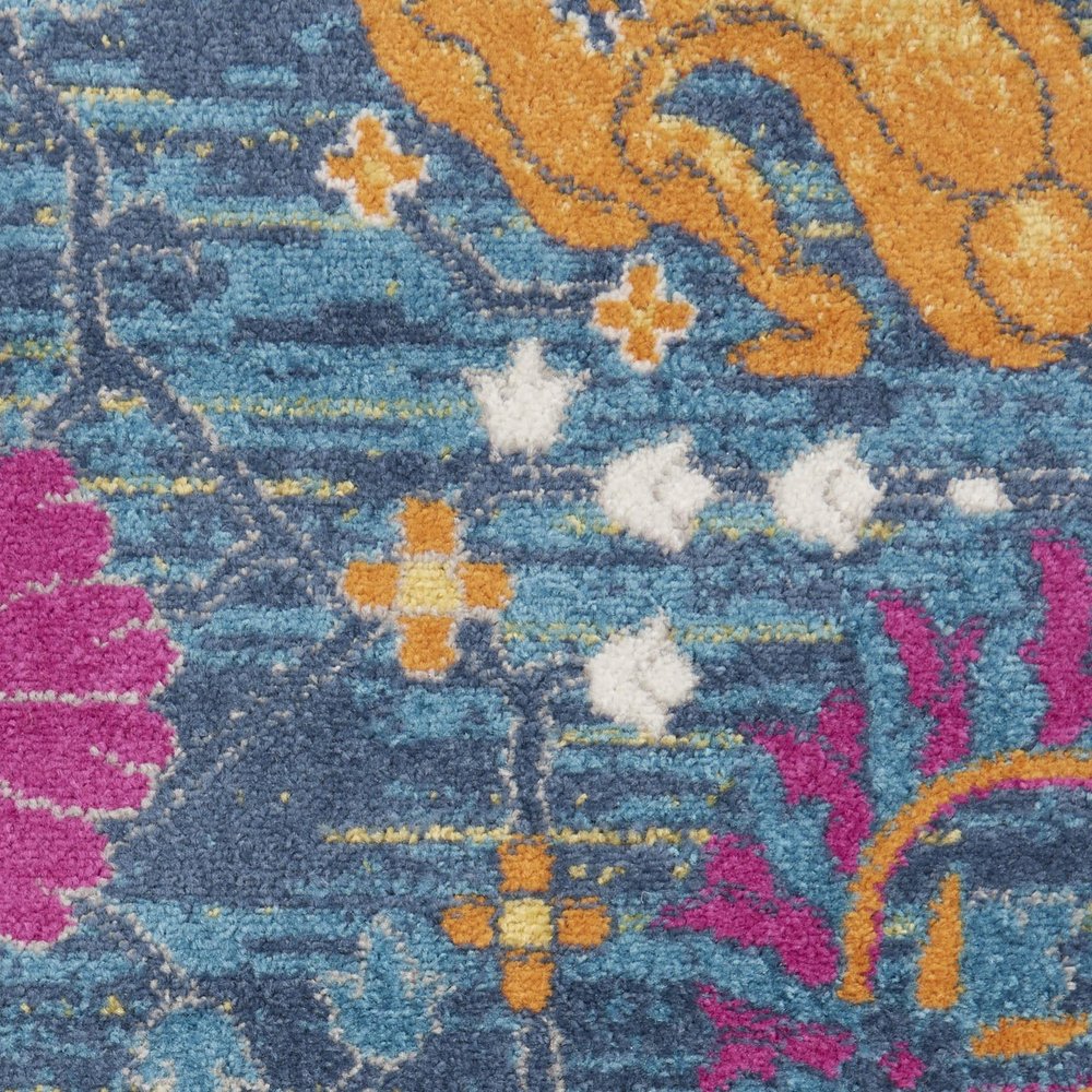 5' X 7' Blue And Orange Floral Distressed Area Rug
