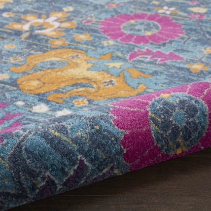 5' Blue And Orange Floral Distressed Round Rug