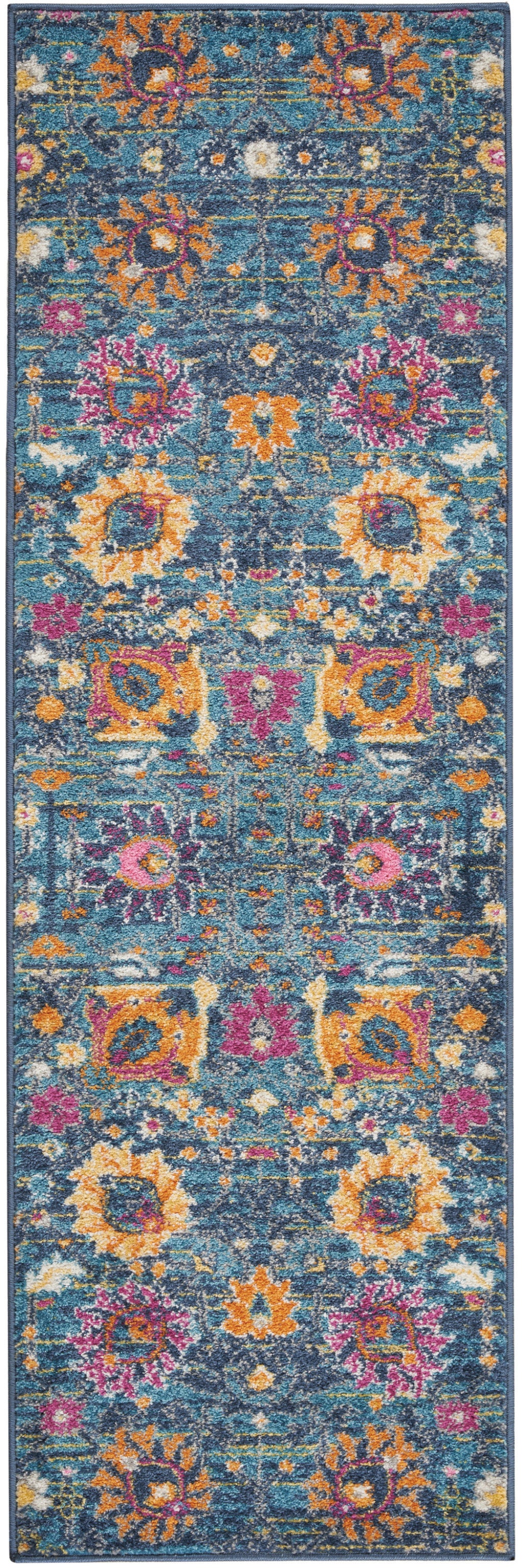 6' Blue And Orange Floral Power Loom Runner Rug