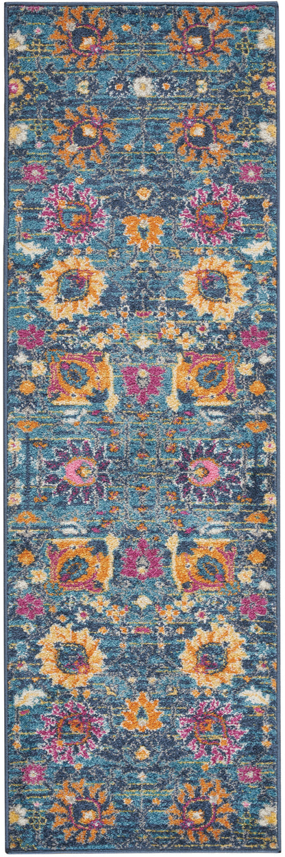 2' X 3' Blue And Orange Floral Distressed Area Rug