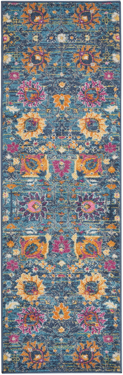 6' Blue And Orange Floral Power Loom Runner Rug