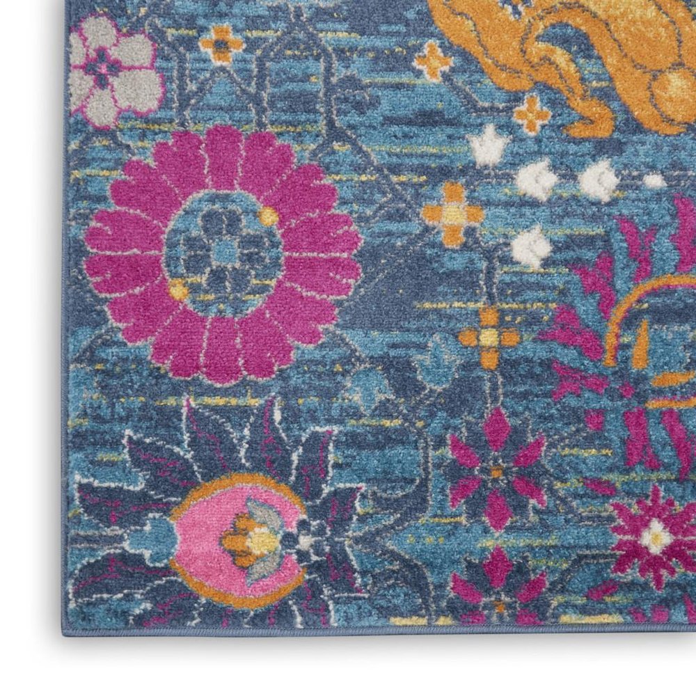 5' X 7' Blue And Orange Floral Distressed Area Rug
