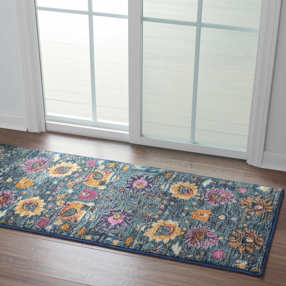 5' X 7' Blue And Orange Floral Distressed Area Rug
