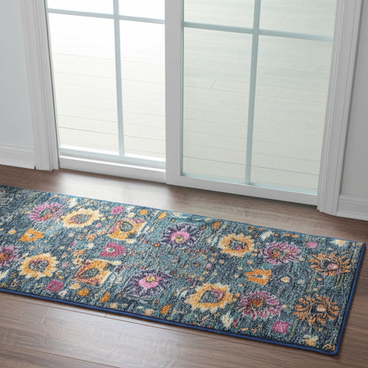 2' X 3' Blue And Orange Floral Distressed Area Rug