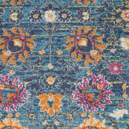 5' Blue And Orange Floral Distressed Round Rug