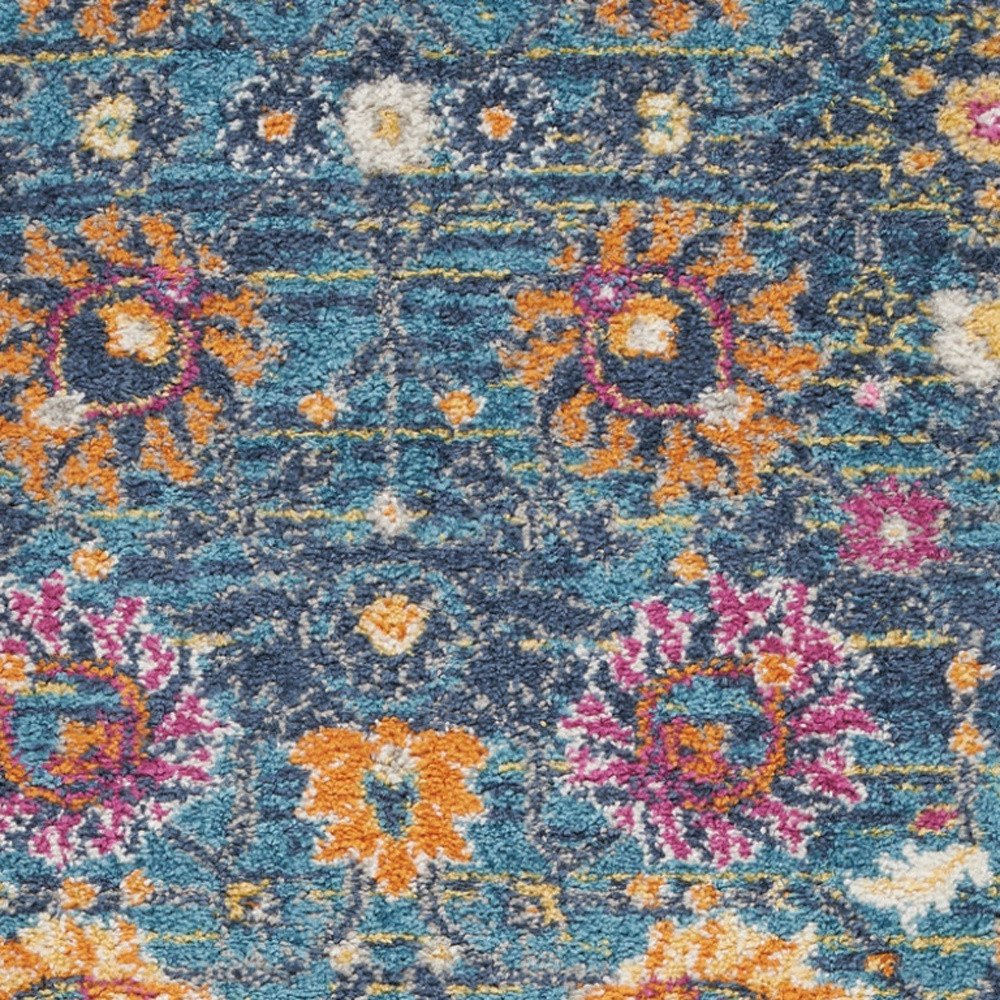 8' X 10' Blue And Orange Floral Distressed Area Rug